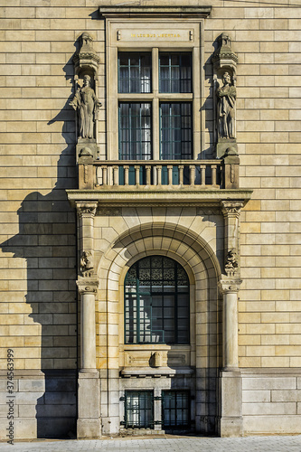 Architectural fragments of Rotterdam City Hall (Stadhuis van Rotterdam) at Coolsingel. Rotterdam City Hall is one of the few old buildings left in the centre of the city. Rotterdam, The Netherlands. photo