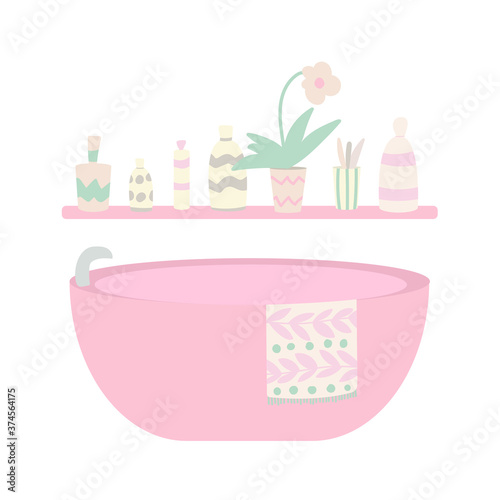 Pink bath and shelf with bottles of shower gel and shampoo. Vector illustration. Pastel ornaments. 