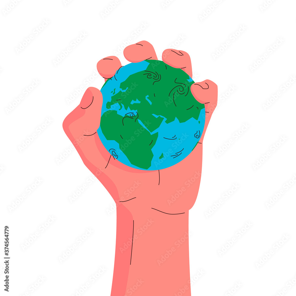 Earth globe in a hand. Vector concept illustration of a hand squeezing the globe. Blue and green planet earth squeezed in a palm. Concept of environmental pollution, mining, control over resources