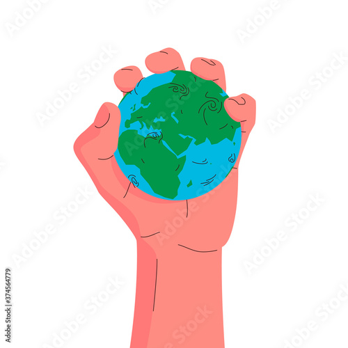 Earth globe in a hand. Vector concept illustration of a hand squeezing the globe. Blue and green planet earth squeezed in a palm. Concept of environmental pollution, mining, control over resources