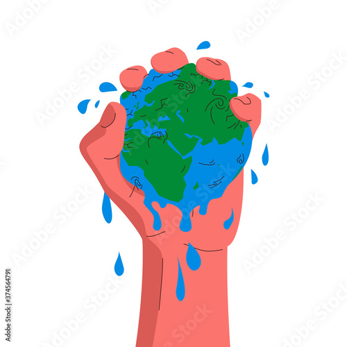 Earth globe in a hand. Vector concept illustration of a hand squeezing the globe. Blue and green planet earth squeezed in a palm. Concept of environmental pollution, mining, global warming