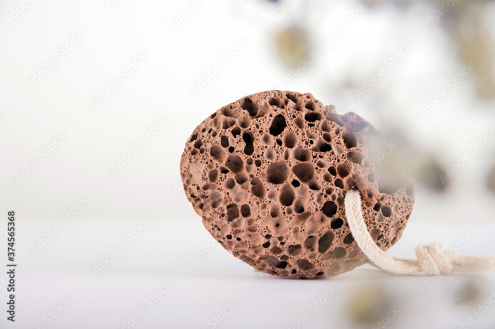 Obraz premium Pumice stone close up and copy space. Pumice stone isolated on white background and dry natural plants. Beauty concept. Background for cosmetic product branding, identity and packaging inspiration.
