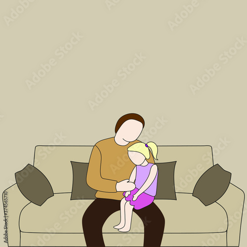 Dad and daughter are sitting on the couch