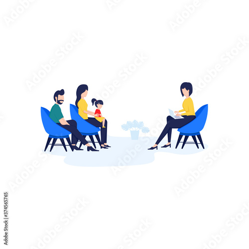 Vector illustration flat design, psychotherapy counseling for a child concept, Treatment of child stress, addictions and mental problems, a therapy session with a family psychologist