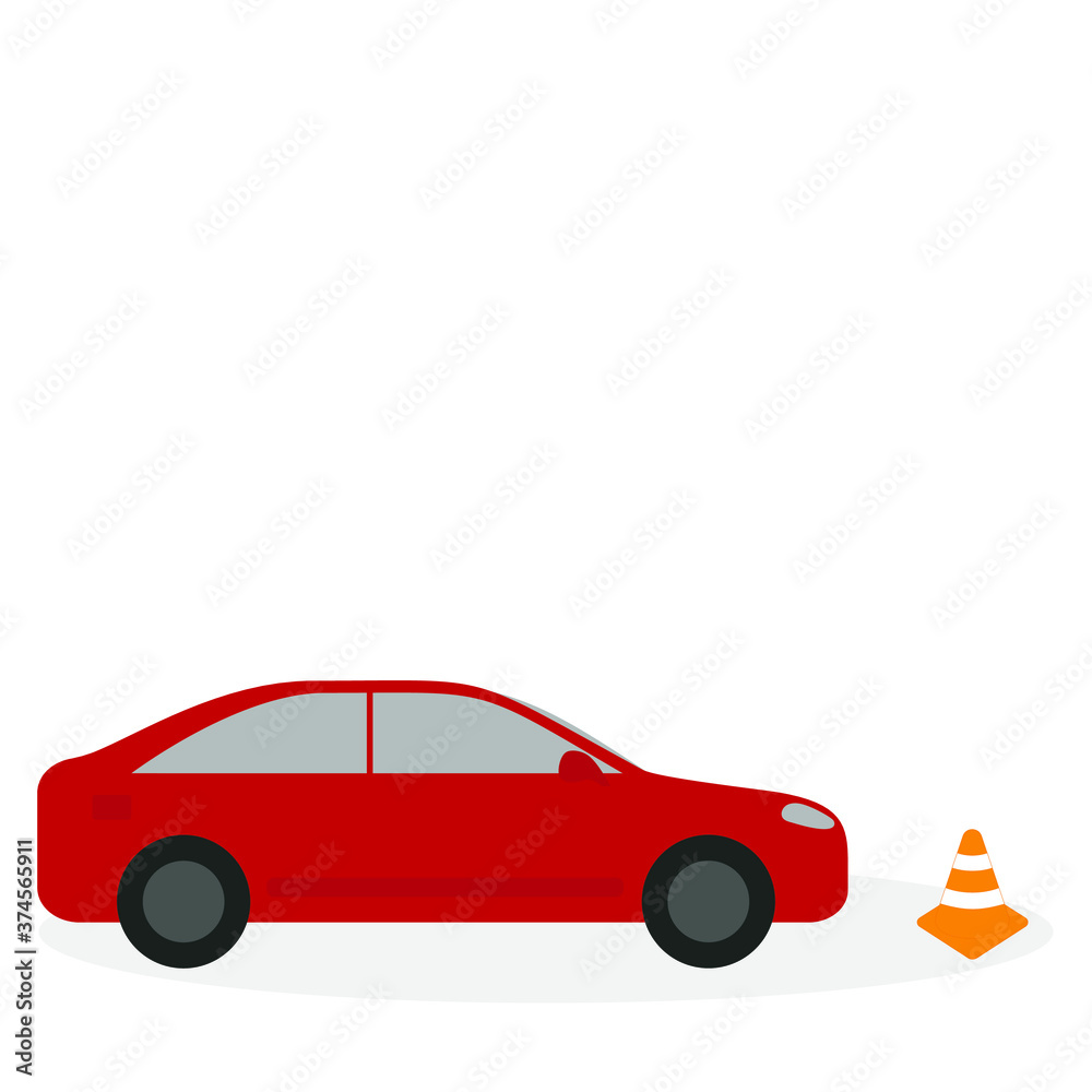 Red passenger car and orange cone on a white background