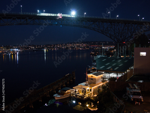 Aurora Bridge and Lake Union at Night, Seattle, Washington, USA photo