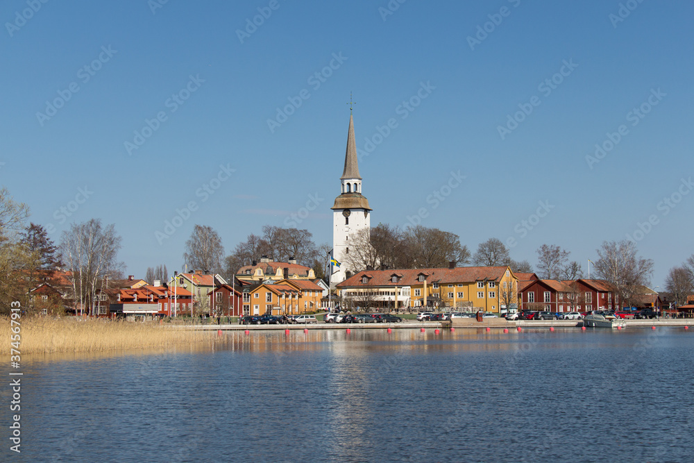 Swedish town Mariefred by lake Malaren in a sunny day, Sweden.