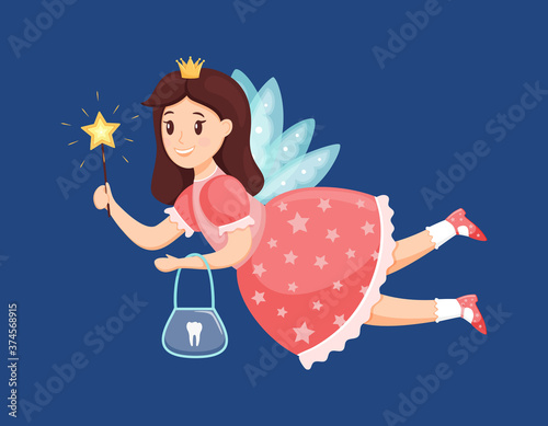 The tooth fairy flies and holds a magic wand and a purse for teeth. Cute little girl Princess is smiling. Cartoon character. Picture for kids. Children's vector illustration on a dark background.