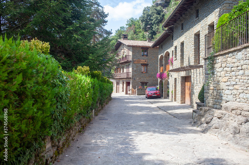 Typical Spanish village in the Pyrenees, stone houses, narrow streets.