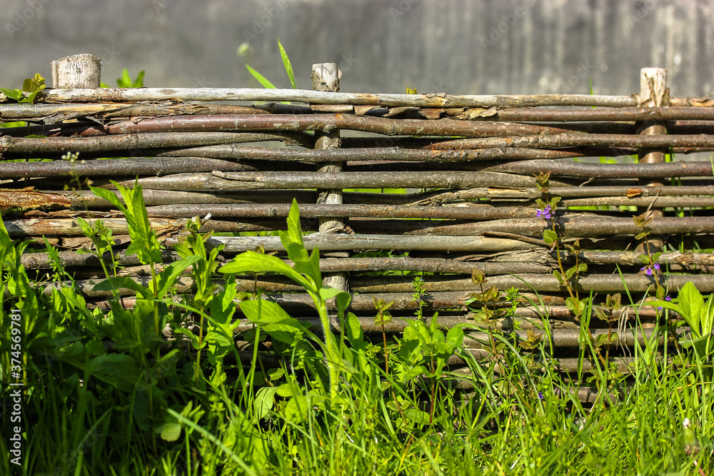 Handmade wooden wicker fence in Ukrainian style, green grass