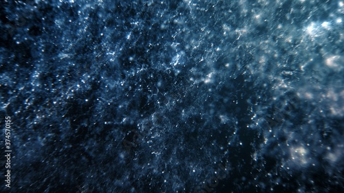 Vászonkép Effervescent blue silver glitter particles, macroscopic shining bokeh and sparks 3D illustration background