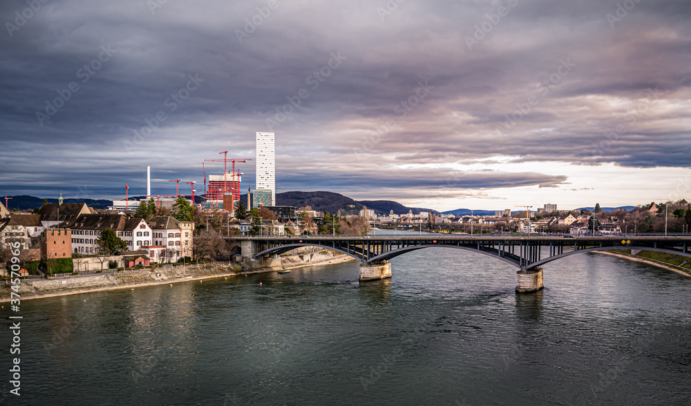 View on the Wettstein Bridge (Wettsteinbruecke) over the Rhein river in the city of Basel, Switzerland