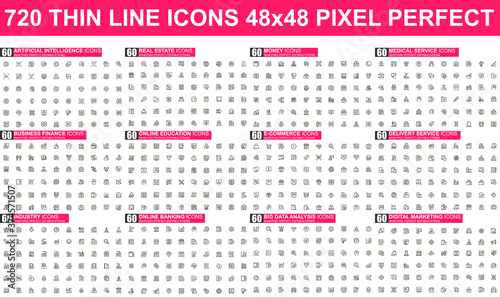Bundle vector thin line icons. Contains such Icons as Business, Finance, Marketing, E-Commerce, Education, Analysis, Delivery and more. UI, UX vector icon. 48x48 pixel perfect linear pictogram pack.