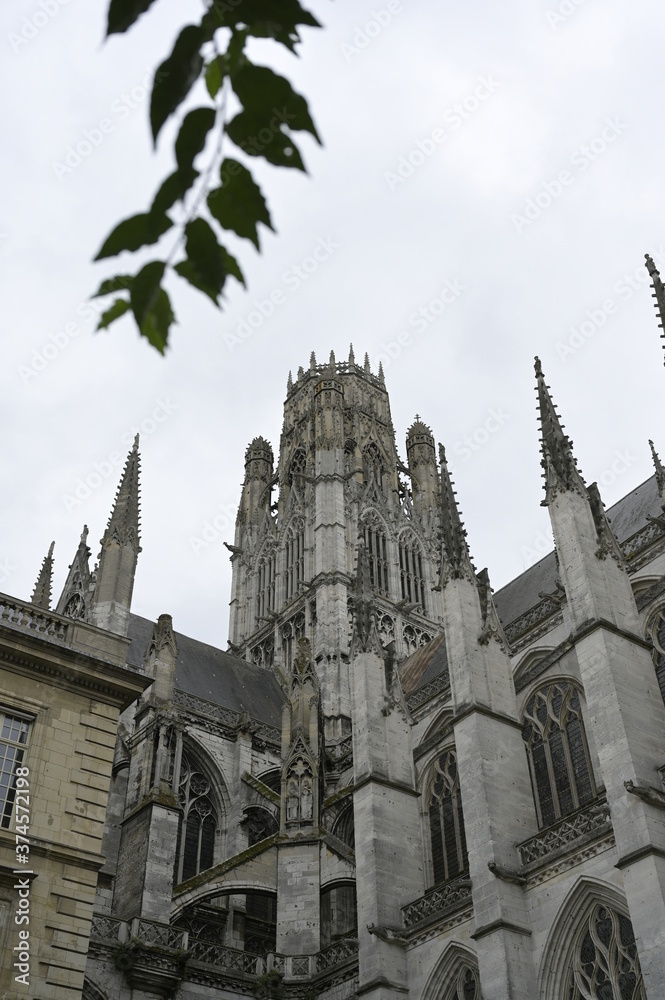La tour de l'Abbatiale Saint-Ouen de Rouen vue avec une branche d'arbre.