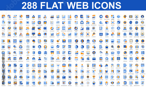 Bundle vector flat icons concept. Contain such Icons as Teamwork, People, Finance, Analysis, SEO, Business, Money, Support, Real Estate and more. UI, UX vector icon. Flat conceptual pictogram pack.