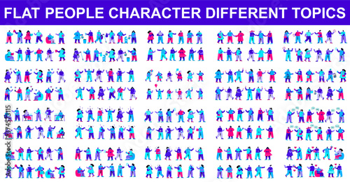 Bundle vector flat people character. Contains such as Reading Book, Journalists, Hotline Operators, Kindergarten Children, Business and more. Cartoon people in different poses. Vector illustration.