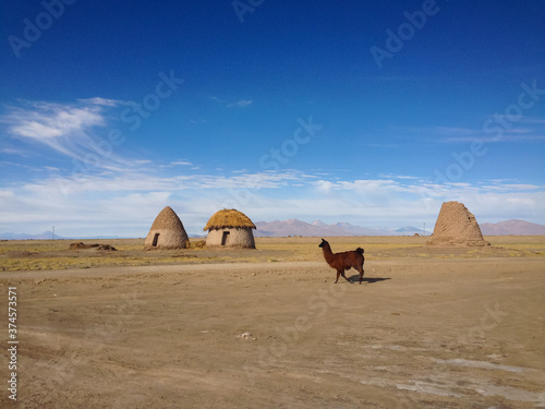 Foto Lama Walks against Uru Indigenous Village Houses on a Clear Sunny Day