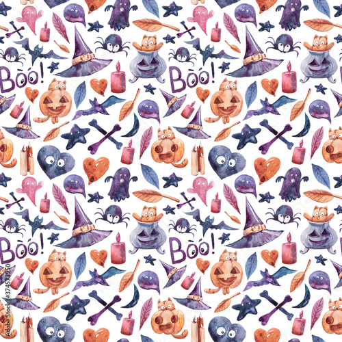 Halloween seamless pattern with skulls  cats  spider  bat  hat  candles  hearts  bones and ghosts. Endless pattern will be perfect for scrapbook paper  fabric  textile  web design. Cute clipart set