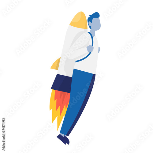 CBusinessman flying up by rocket. Color vector cartoon illustration.