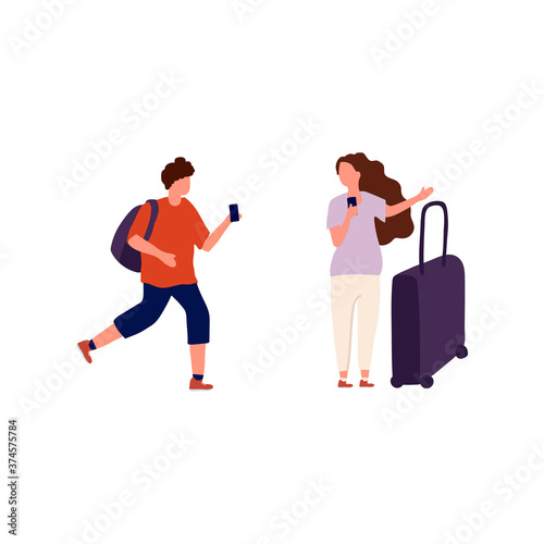 Different traveling people. A collection of mothers, fathers and children walking together at the airport or train station. A set of strolling parents and children with Luggage, isolated on a white