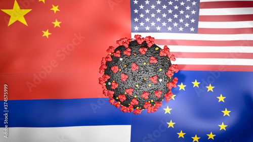 Canvas Print 3D coronavirus with European Union, United States, Russian Federation and China waving flags