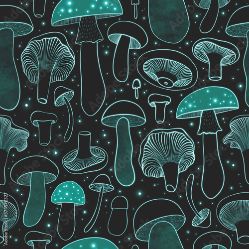 Seamless pattern with glowing mushrooms in space. Bioluminescent mushrooms growing in the dark forest. Magic luminescent mushrooms. Dark background.
