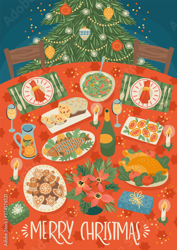 Christmas and Happy New Year illustration of christmas table. Festive meal