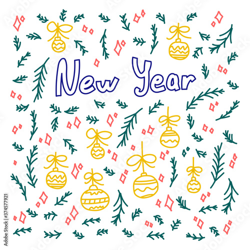 Ready-drawn Christmas and new year inscriptions with symbols of winter holidays. Can be used for banners, greeting cards, gifts, etc. Holiday card, with Christmas tree and winter. Vector illustration