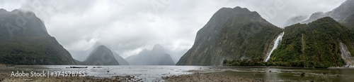 Panorama of Milford Sound during bad rainy weather, South Island/New Zealand
