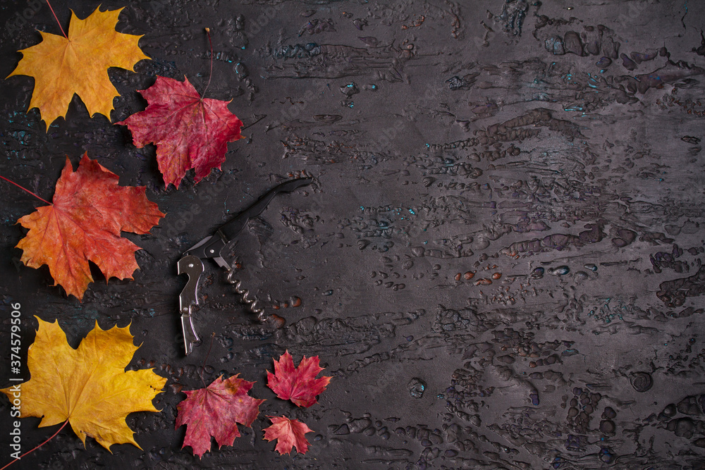 Obraz premium Wine corkscrew on black background with autumn leaves, copy space. View from above, top studio shot