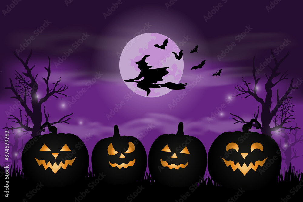 Witch flying over smiling halloween pumpkins