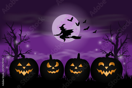 Witch flying over smiling halloween pumpkins