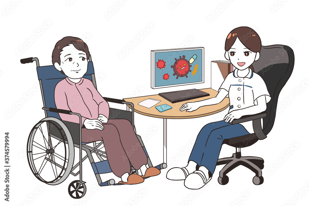 治験の話をする女性医師　高齢女性患者　車椅子