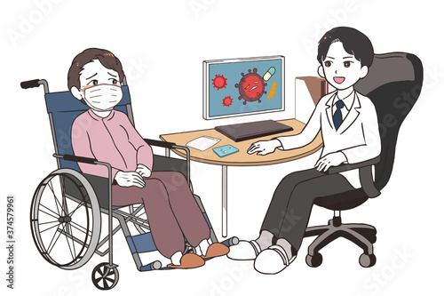 治験の話をする男性医師　マスクをつけた高齢女性患者　車椅子