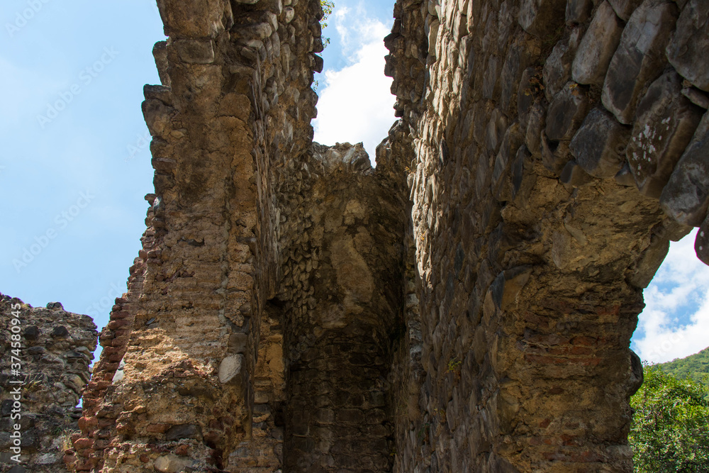 Ruins of The Qum Basilica in Gakh region of Azerbaijan. Early Christian buildings in the Caucasus 5th century