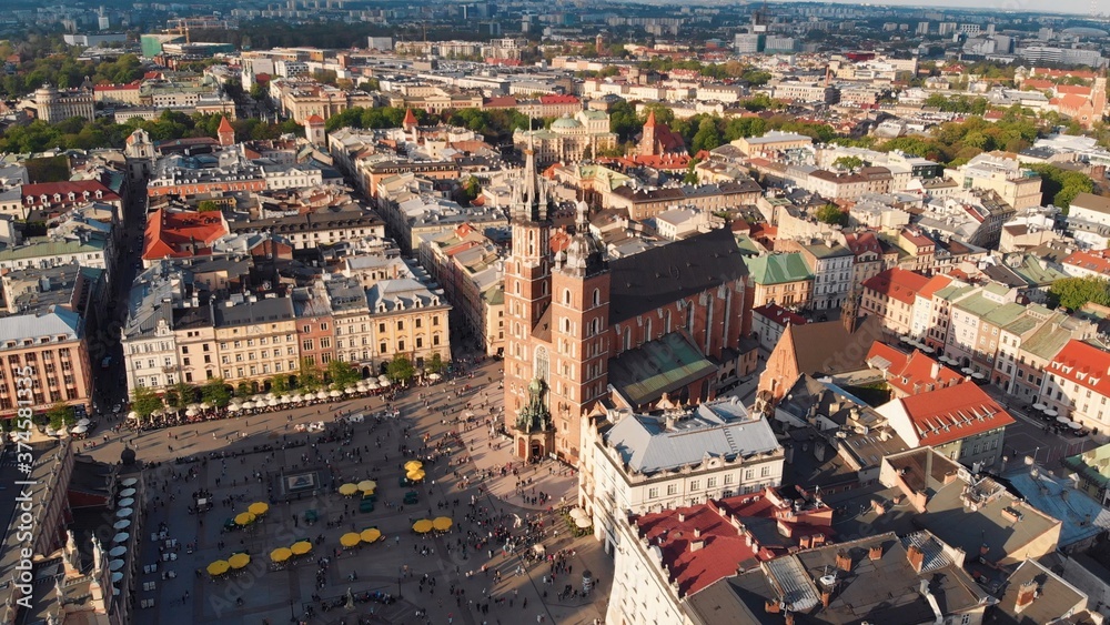 Krakow Square with St. Mary's Church, aerial. High quality photo