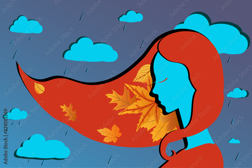 Lady Autumn -she bring cold rainy days, wind in hair and yellow leaves.
vector eps 10 Lady Autumn -she bring cold rainy days, wind in hair and yellow leaves.
vector eps 10