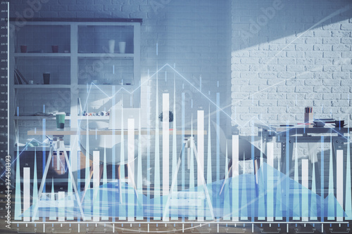 Double exposure of financial graph drawing and office interior background. Concept of stock market.