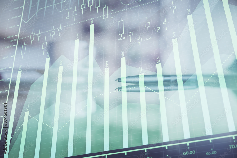 Double exposure of forex chart over coffee cup background in office. Concept of financial analysis and success. Double exposure of forex chart over coffee cup background in office. Concept of financial analysis and success.