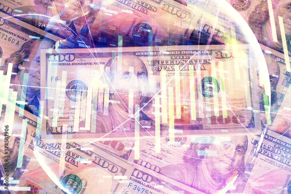 Multi exposure of business theme drawing over us dollars bill background. Concept of financial success. Multi exposure of business theme drawing over us dollars bill background. Concept of financial success.