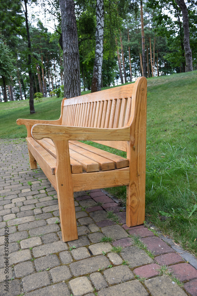A wooden bench stands in a summer park on a stone paving slab A wooden bench stands in a summer park on a stone paving slab