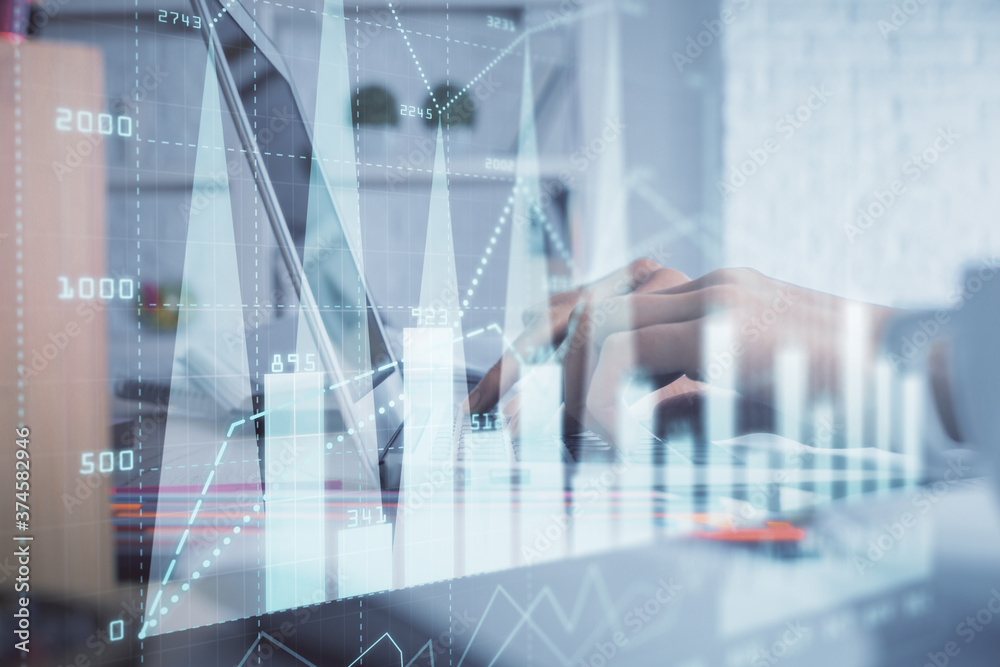 Double exposure of woman hands typing on computer and forex chart hologram drawing. Stock market invest concept.