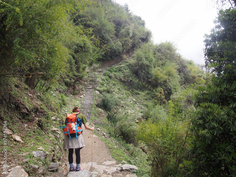 A woman trekking through beautiful nature, ABC (Annapurna Base Camp) Trek, Annapurna, Nepal