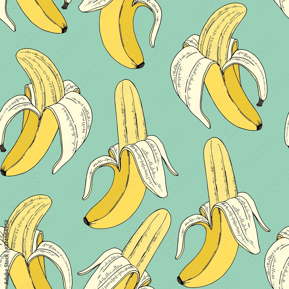 Bananas on a mint background. Vector seamless pattern with fruits. Digital paper.