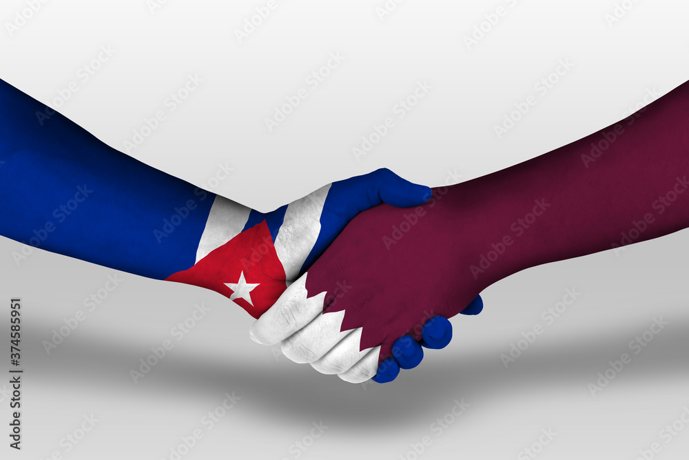 Handshake between qatar and cuba flags painted on hands, illustration with clipping path. Handshake between qatar and cuba flags painted on hands, illustration with clipping path.