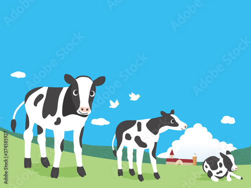 牧場と子牛の風景イラスト