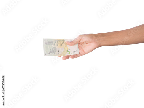  Hand woman holding money 5 euro isolated on white background. finance concept.