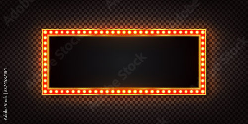 Vector realistic isolated retro billboard with electric light lamps for invitation on the wall background. Concept of vintage decoration.