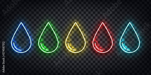 Vector set of realistic isolated neon sign of Water, Poison, Oil and Blood droplet logo for template decoration on the transparent background.