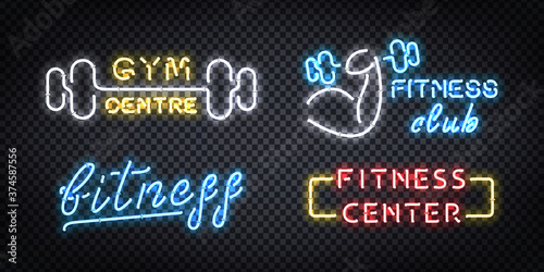 Vector set of realistic isolated neon sign of Gym and Fitness Center logo for decoration and covering on the transparent background.